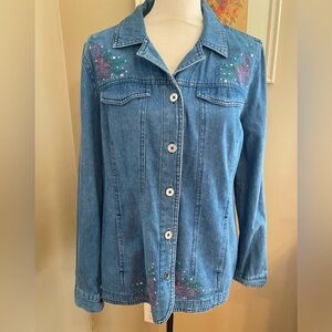 Basic Editions Floral Embroidered Cotton Button Up Denim Jacket Women's Large